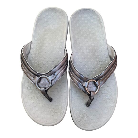 Vionic Sz 9 Orthotic Pewter Leather Tide Aloe Post Sandal  Upper Thong flip flop - Picture 4 of 10